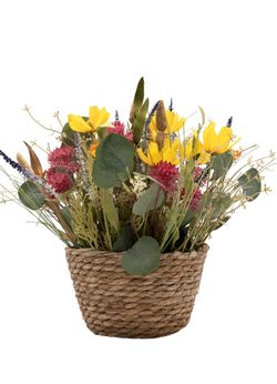 Encantadora cesta en tonos amarillos y morados de flor artificial