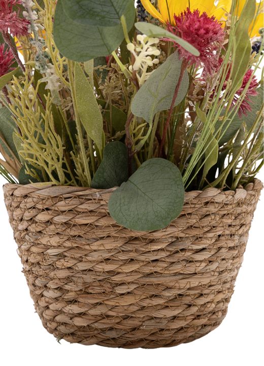 Encantadora cesta en tonos amarillos y morados de flor artificial