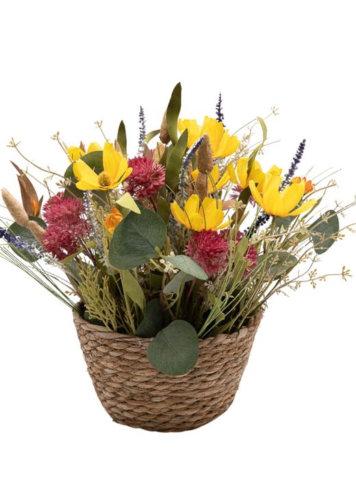 Encantadora cesta en tonos amarillos y morados de flor artificial