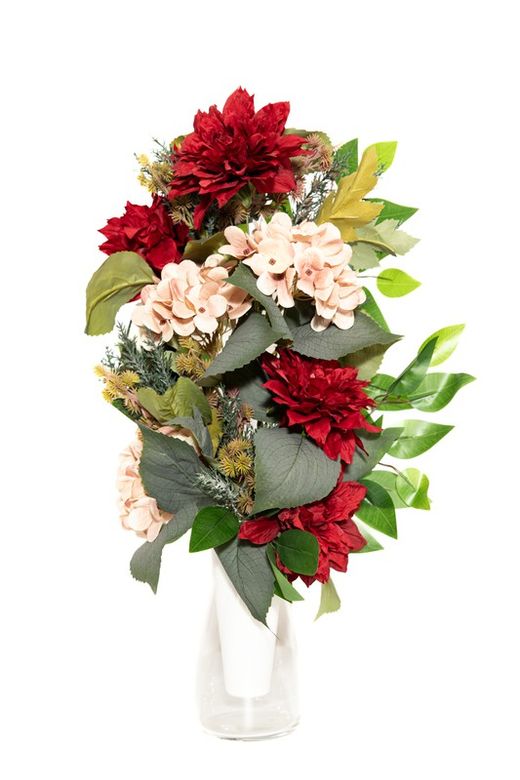 Espectaculares flores artificiais em vermelho e rosa para este buquê de flores para cemitério