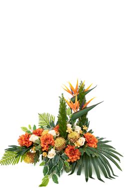 Exótica jardinera de cementerio en naranja y salmón