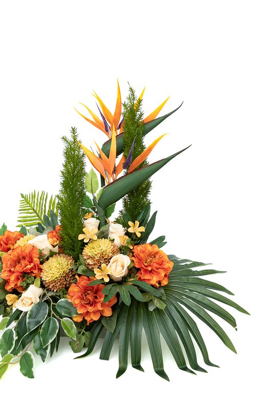 Exótica jardinera de cementerio en naranja y salmón