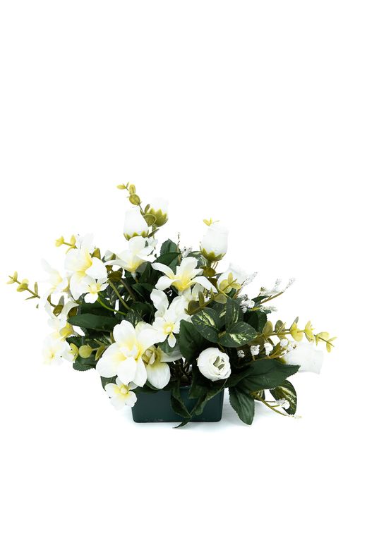 Exquisito pequeño centro floral de cementerio con rosas pitiminí