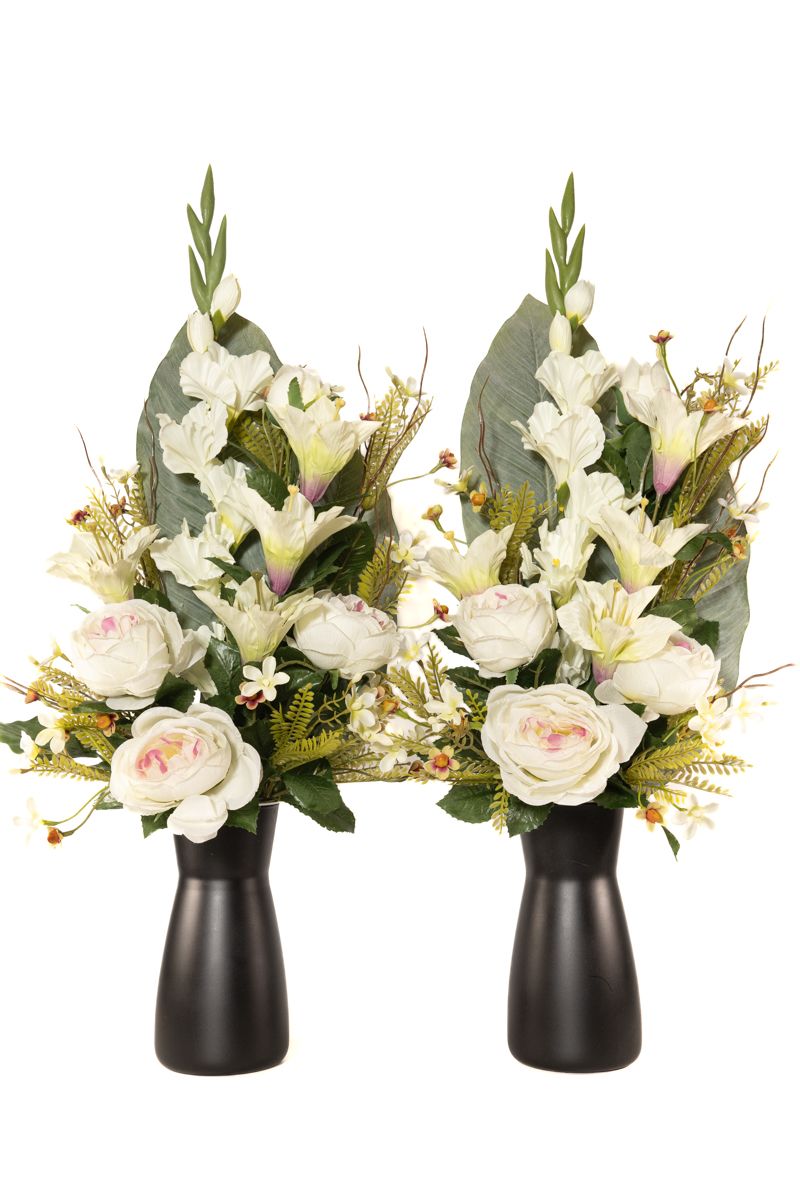 Flores artificiales para cementerio en color blanco y rosa Lateral derecho