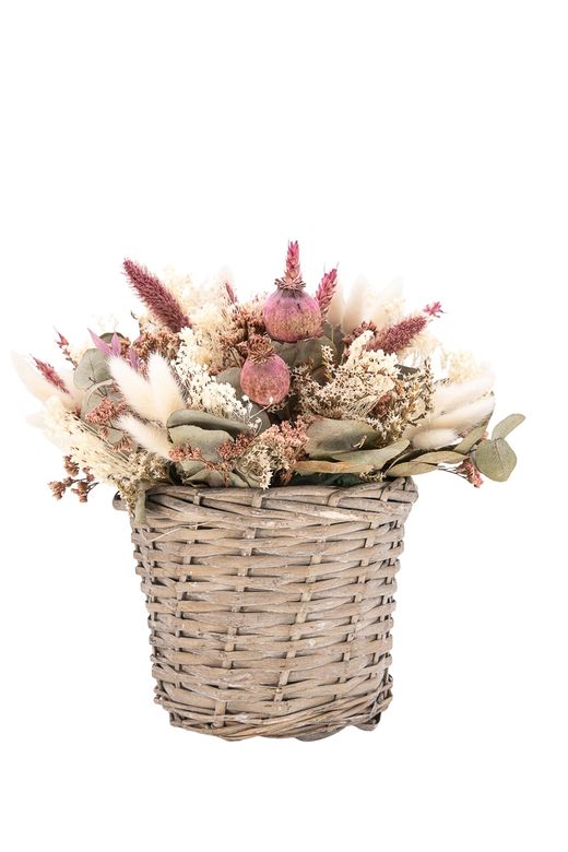 Flores secas para este encantador centro en tonos rosados y blancos