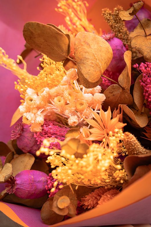 Intenso ramo de flores secas en color fucsia y naranja
