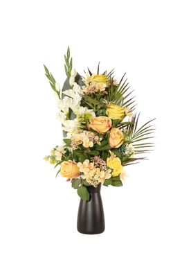 Intenso arreglo floral para cementerio con gladiolos y rosas artificiales en color naranja
