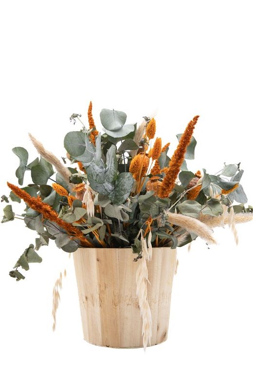 Macetero de pino natural con preciosas flores secas y preservadas en tonos naranjas