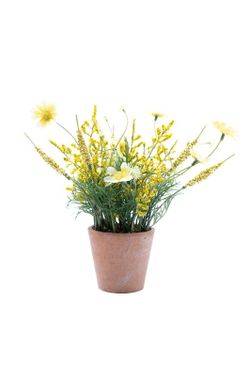 Macetita de flores artificiales amarillas con base de terracota
