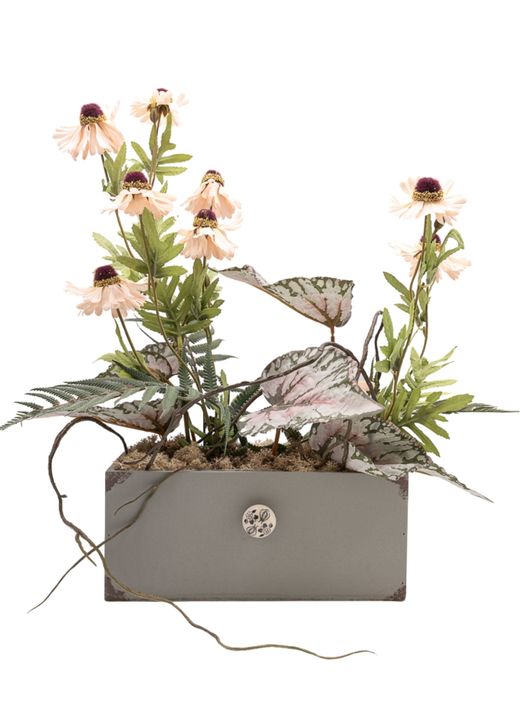 Minimalista centro de flor artificial en begonia rex y tonos salmón