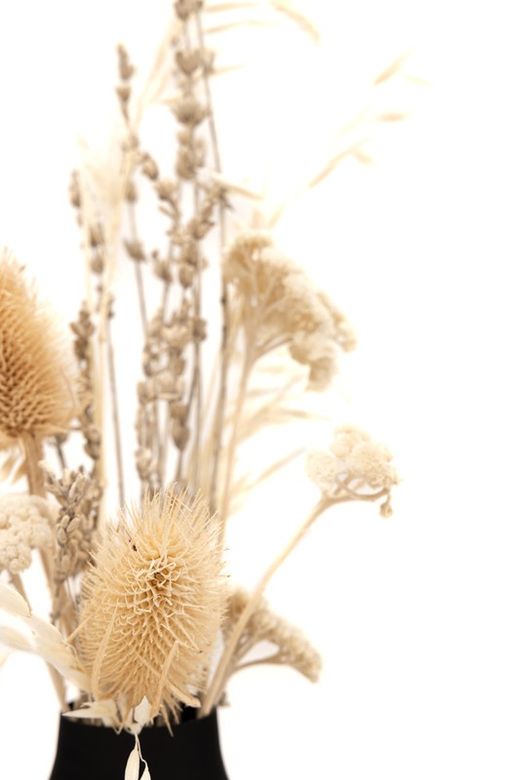 Minimalista jarrón de metal en color negro con arreglo floral de flores secas