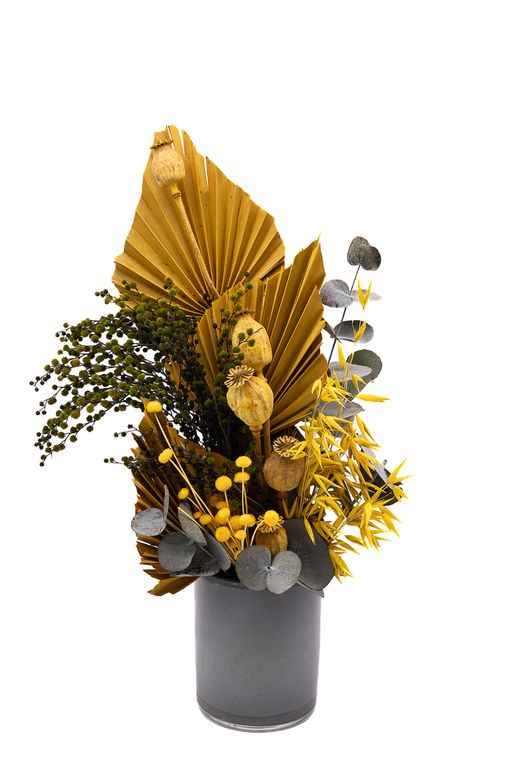 Moderno centro de flores secas y preservadas en tonos amarillos
