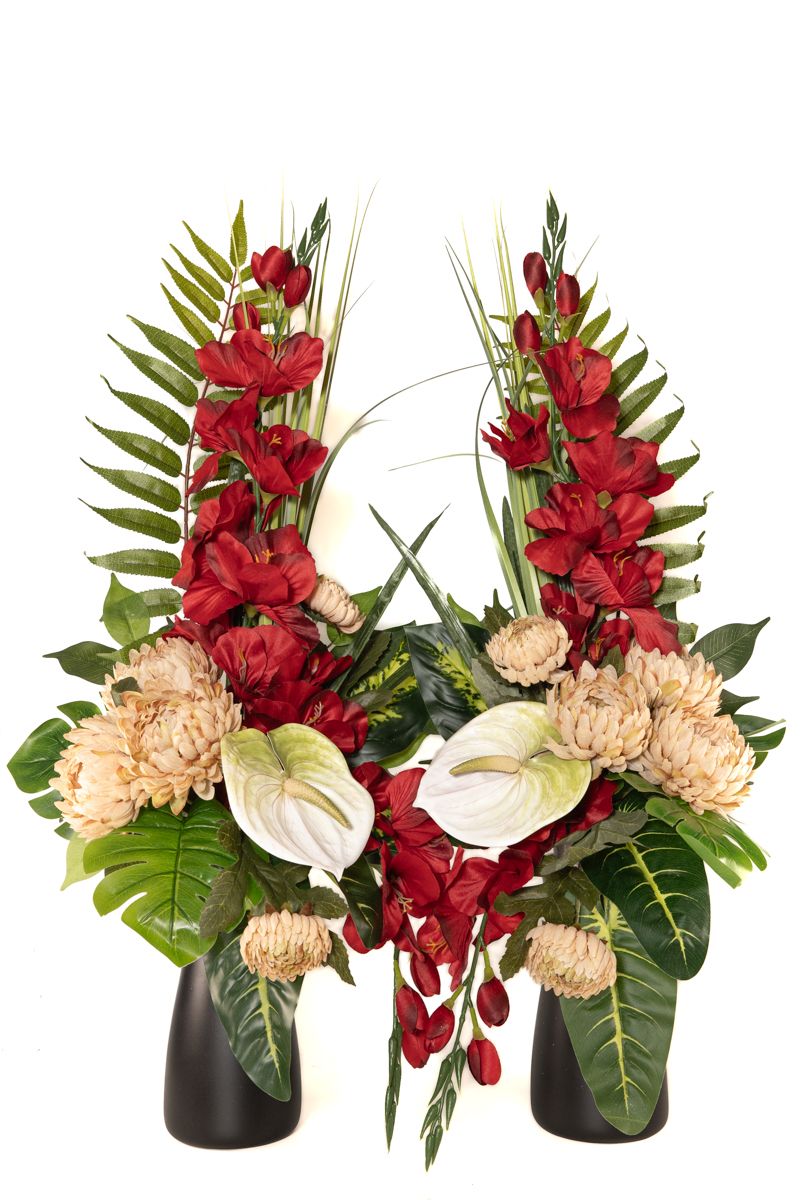 Otoñal arreglo de flores para cementerio en color granate y ocre Lateral derecho