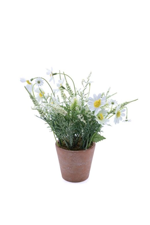 Pequeña maceta de flores artificial con base de terracota