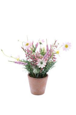 Pequeña planta de flores artificiales en color rosa con base de terracota