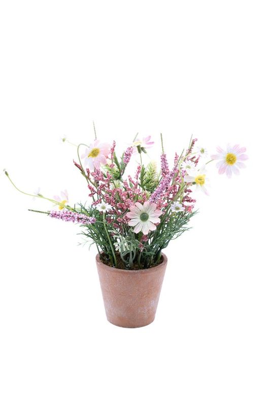 Pequeña planta de flores artificiales en color rosa con base de terracota