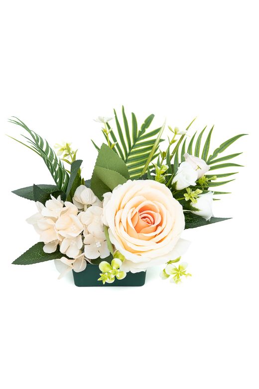 Pequeño centro floral de cementerio cálido en crema y rosados