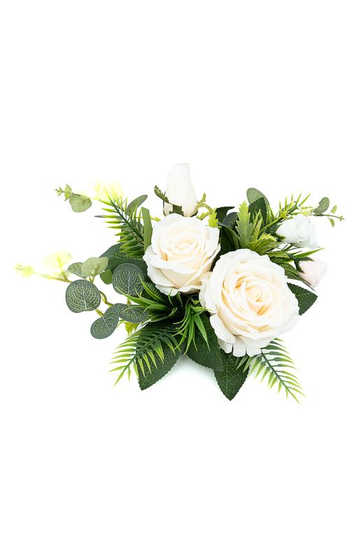 Pequeño centro floral de cementerio luminoso en crema y rosa