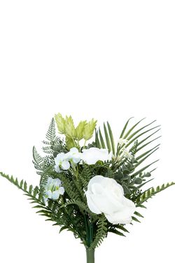 Pomo floral sereno de cementerio con rosa blanca de jardín