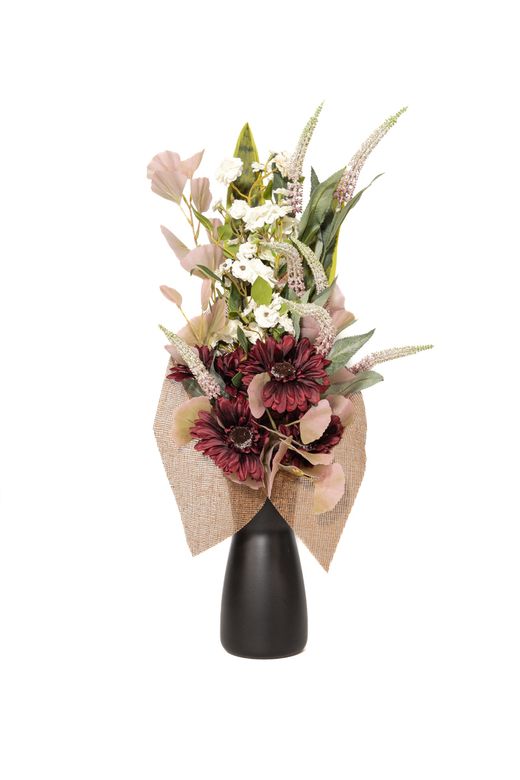 Precioso arreglo floral para cementerio con flores artificiales en color granate