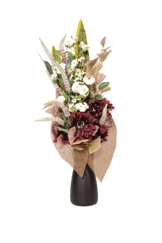 Precioso arreglo floral para cementerio con flores artificiales en color granate