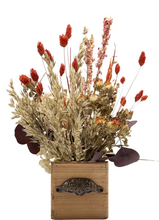 Radiante centro de flores secas y preservadas en tonos cálidos