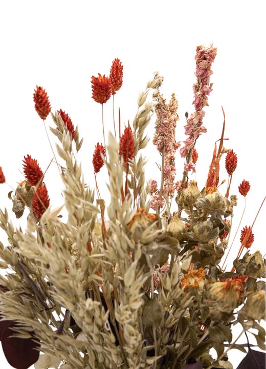 Radiante centro de flores secas y preservadas en tonos cálidos