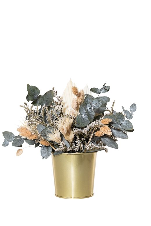 Radiante centro de flores secas y preservadas en tonos naturales