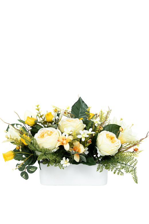Radiante jardinera floral de cementerio con rosas de jardín amarillas
