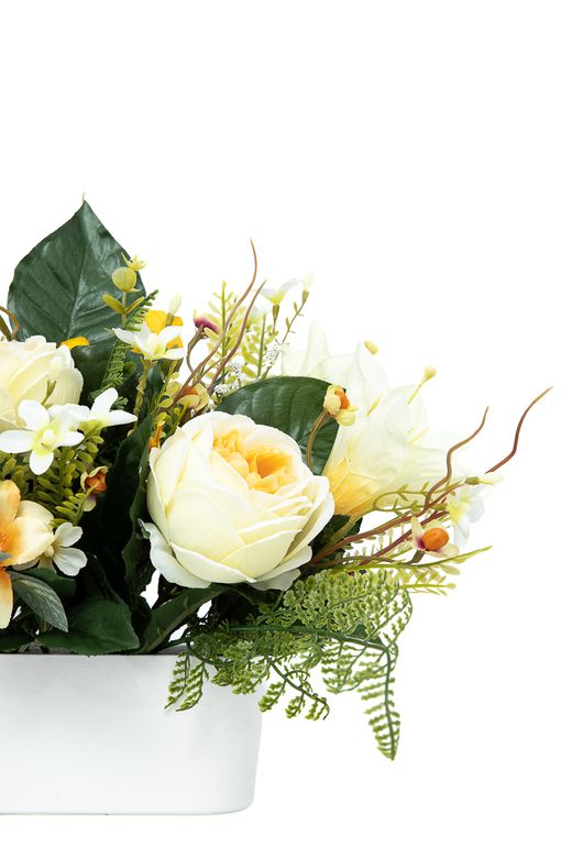 Radiante jardinera floral de cementerio con rosas de jardín amarillas