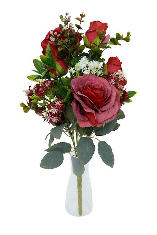 Ramillete intenso de rosas granates artificiales