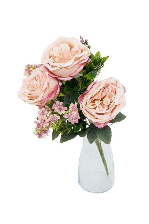 Refinado ramillete artificial de rosas de jardín en rosa empolvado