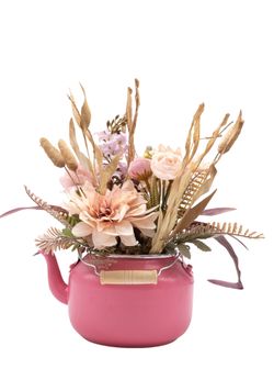 Romántico centro de flor artificial en tonos rosas y lilas