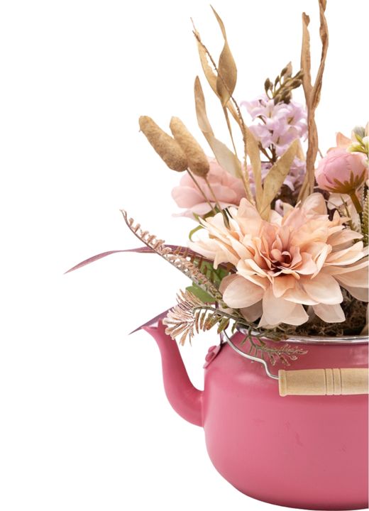 Romántico centro de flor artificial en tonos rosas y lilas