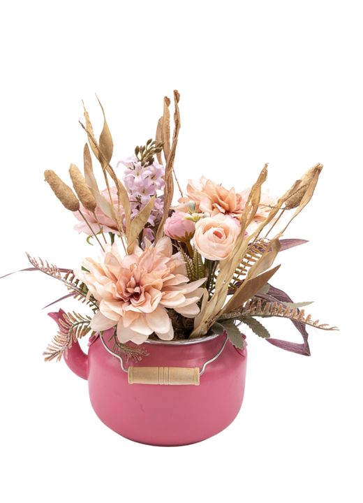 Romántico centro de flor artificial en tonos rosas y lilas