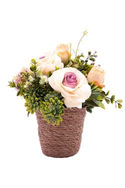 Romántico centro floral artificial con rosas bicolor