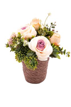 Romántico centro floral artificial con rosas bicolor