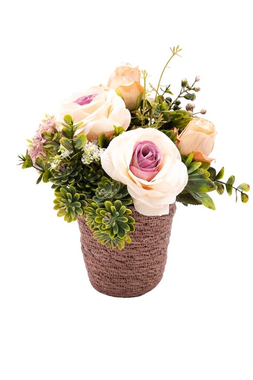 Romántico centro floral artificial con rosas bicolor