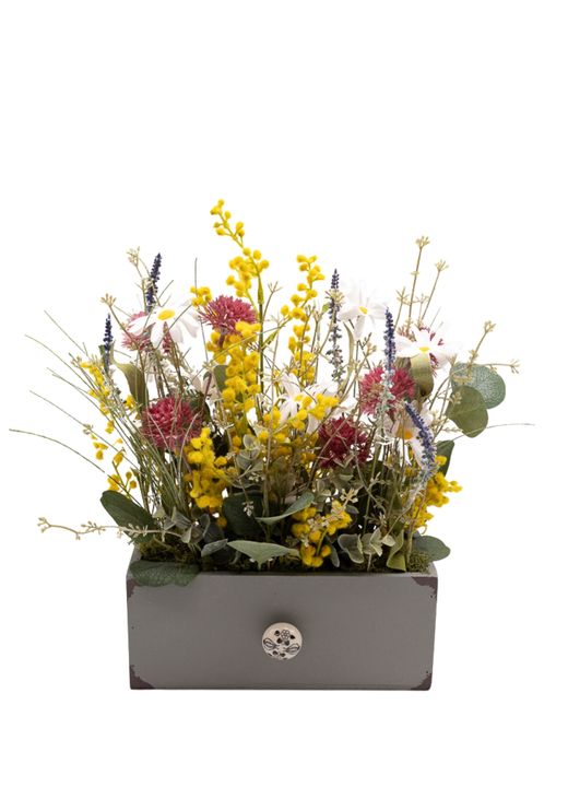 Sofisticado centro de flor artificial con mimosa