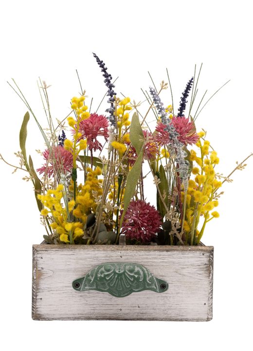 Sofisticado centro de flores artificiales en tonos morados y mimosa