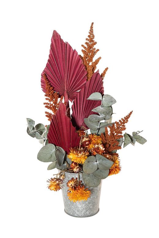 Sofisticado centro de flores secas y preservadas en color burdeos y naranjas