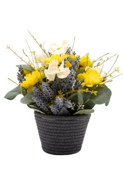 Sofisticado centro en tonos amarillos con lavanda artificial