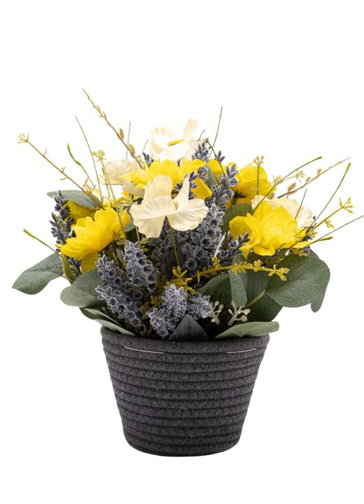 Sofisticado centro en tonos amarillos con lavanda artificial