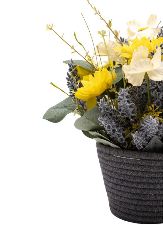 Sofisticado centro en tonos amarillos con lavanda artificial