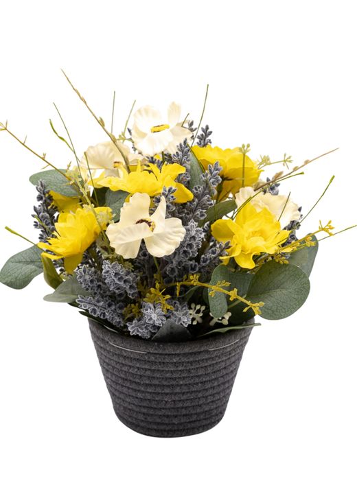 Sofisticado centro en tonos amarillos con lavanda artificial