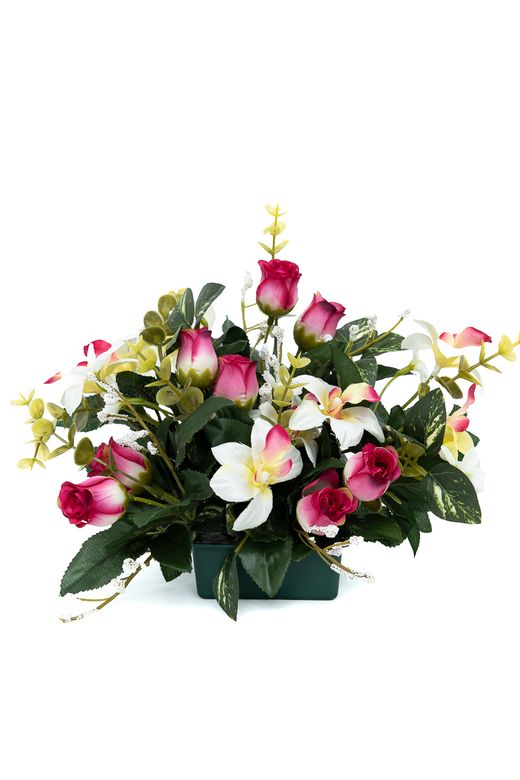 Sofisticado pequeño centro floral de cementerio con rosas pitiminí fucsias
