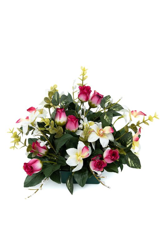 Sofisticado pequeño centro floral de cementerio con rosas pitiminí fucsias