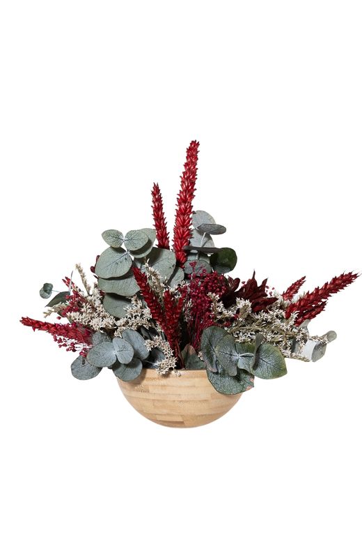 Tonos granate para este elegante centro de flore secas y preservadas