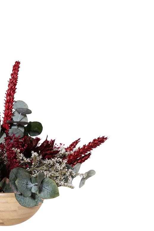 Tonos granate para este elegante centro de flore secas y preservadas