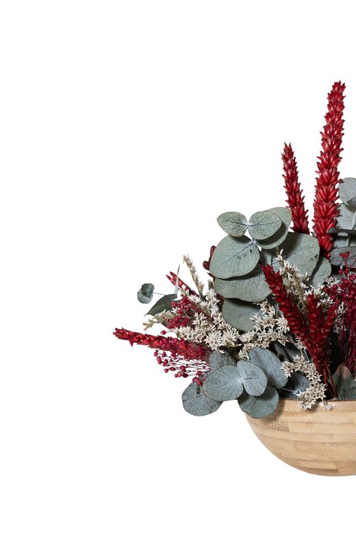 Tonos granate para este elegante centro de flore secas y preservadas